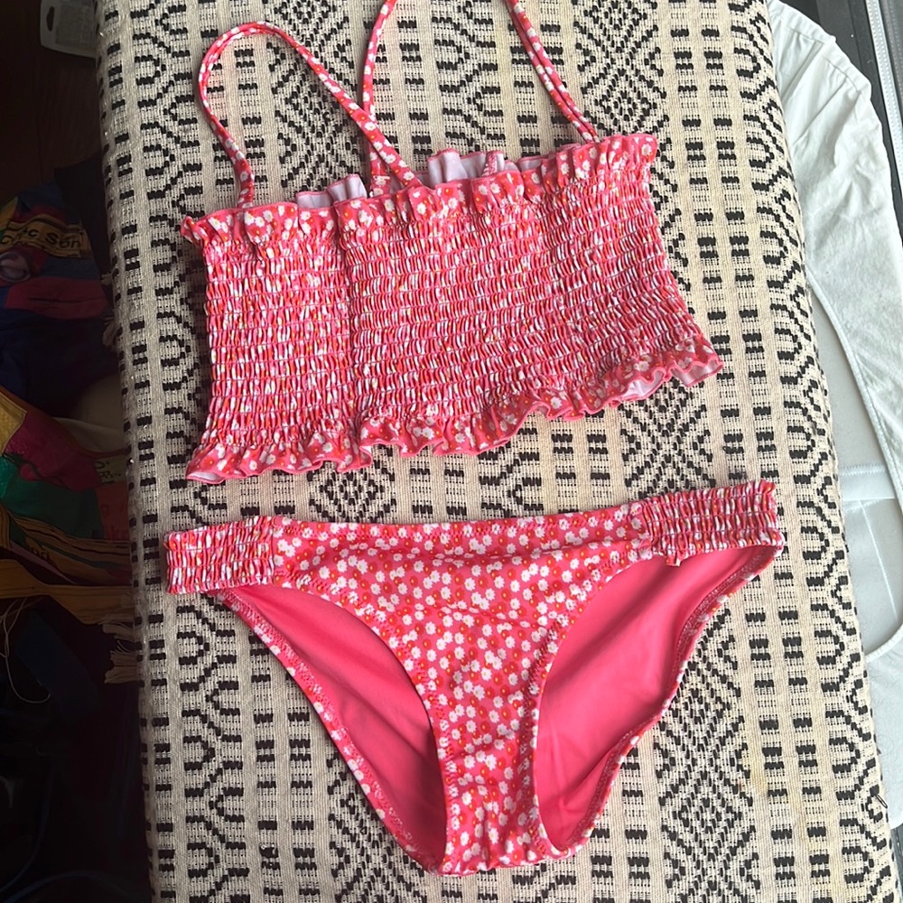 Solid & Striped pink ditsy floral bathing suit smocked top